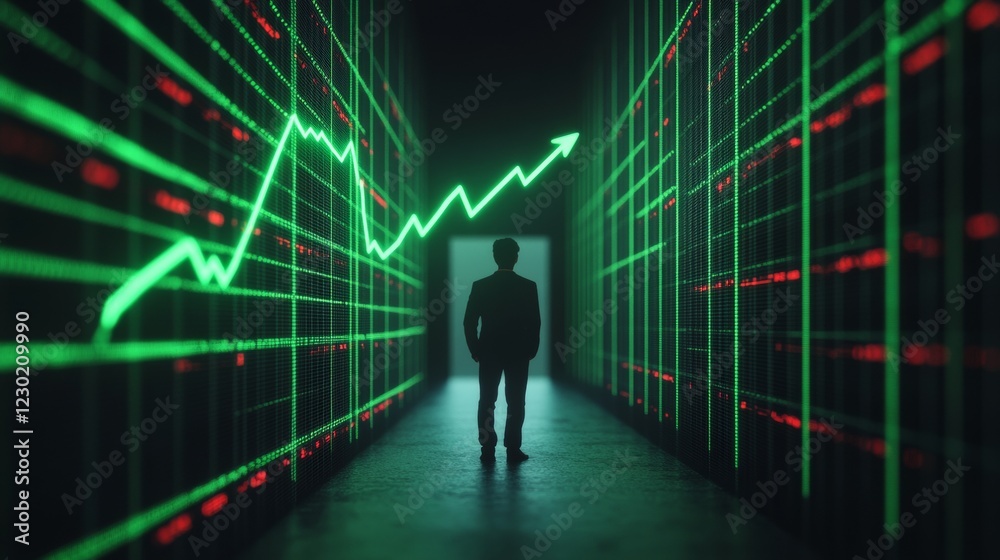 Poster Futuristic Finance Visualization Rising Green Line Graph on Digital Grid Backdrop with Confident Businessman Silhouette - Optimistic Financial Strategy and Investment Growth