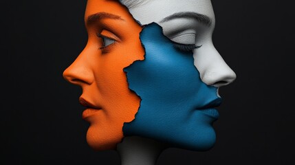 Faceted Identity: A captivating portrait of a female face divided into three contrasting color sections, exploring themes of duality, identity, and the complexities of human perception.