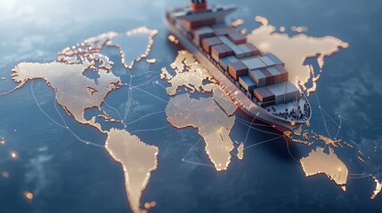 Large Shipping Vessel on Trade Route. A cargo ship navigating a glowing world map, representing global trade and shipping.