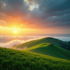 Fototapeta premium Clouds and mist at sunrise over a rolling hill, green, sunset, earthy