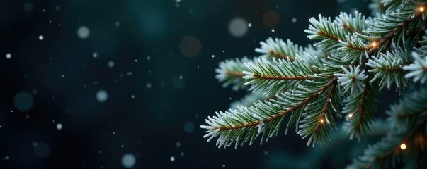 Frosty branches of evergreen tree against dark background, holiday, brown, winter tree