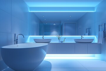 A modern bathroom showcases sleek white surfaces, a free-standing bathtub, and dual sinks illuminated by soft blue lighting. The space exudes a tranquil and stylish atmosphere