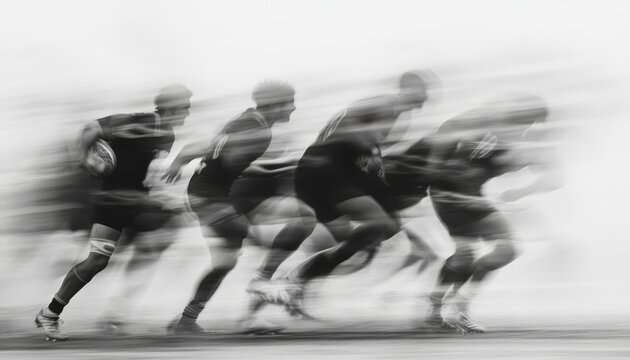 rugby players in motion, captured with a long exposure to create an abstract, blurred effect. The background is pure white to contrast against the figures, emphasizing their movement