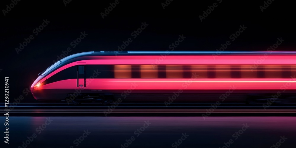 Poster sleek high-speed train visual neon motion on metal tracks - futuristic rail systems and urban transp