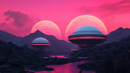 Obraz premium A vibrant landscape featuring futuristic structures under a pink sky with two large celestial bodies, creating a surreal and otherworldly atmosphere.