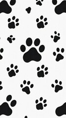 Fototapeta premium Seamless background of dog paw prints on a white surface, animal track, pet, monochrome