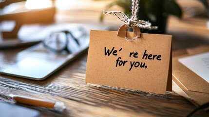 A handwritten note on a wooden table reads "We're here for you," conveying support and care in a warm, inviting setting.