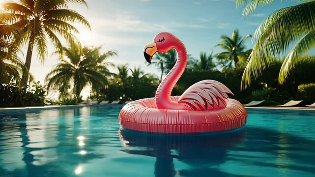 A pink flamingo pool float floating on clear blue water in a tropical resort setting, surrounded by lush palm trees under a sunny sky