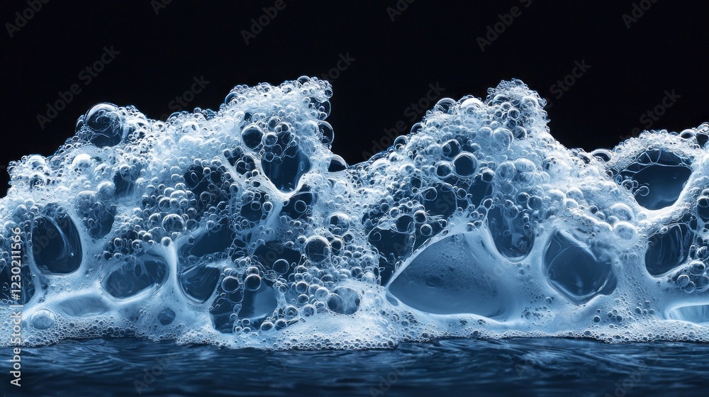 Poster bubbles rise and shimmer in dark blue foam, crafting an abstract visual that evokes the tranquility 