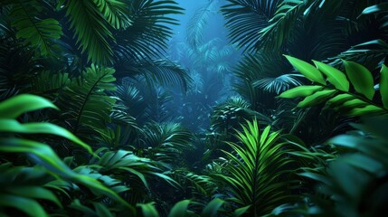 A dense, lush jungle scene featuring vibrant green foliage illuminated by soft, diffused light, creating an immersive, tranquil atmosphere.