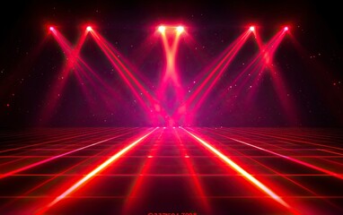Obraz premium Red laser light lines in the dark background, glowing neon stage backdrop for a show and display of products or an abstract futuristic scene. Vector illustration, 