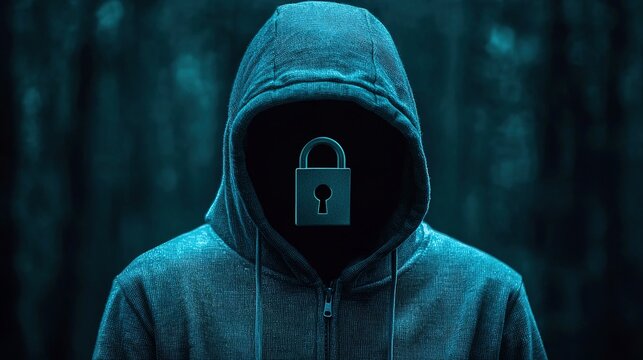 Mysterious figure in hoodie dark forest digital art cybersecurity theme close-up anonymity concept