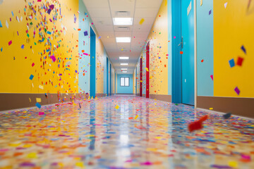 Colorful confetti falling to the floor in a brightly colored school hallway during a celebratory...