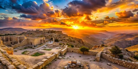 Fototapeta premium Herodyon National Park: Majestic Ruins at Sunset, Palestine - Panoramic Landscape Stock Photo