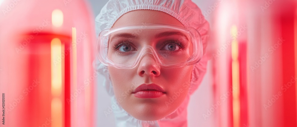 Poster minimalist bio-discovery streamlined lab gear with transparent goggles in clinical science environme