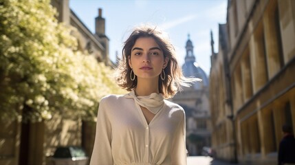 Fototapeta premium An Elegant Young Woman Surrounded by the Iconic Architecture of Prestigious University. Student of higher education institution