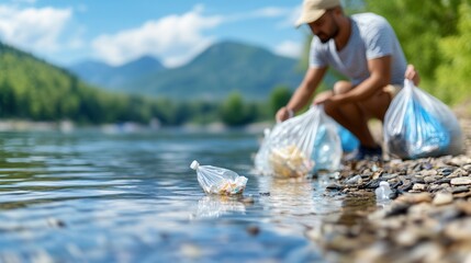 Male adult caucasian collecting plastic waste by mountain river.