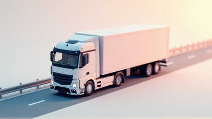 White Semi Truck Driving on Highway at Sunset - 3D Render