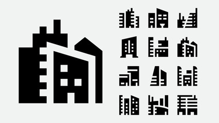 Set of city buildings solid icons