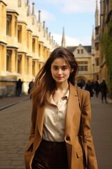 Fototapeta premium A young woman strolls through a lively city street with stunning historic architecture