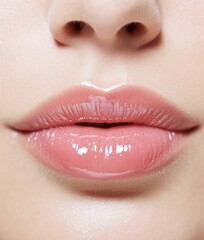 Fototapeta premium Glossy Lip Highlight Modern Beauty Trend on Deep Skin Tone - Elevated Lip Care Marketing and Luminous Skincare Branding for Fashion Industry Empowerment