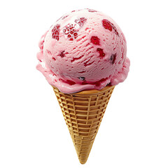Strawberry ice cream scoop with fresh fruit chunks in a crisp waffle cone, dessert concept, transparent background