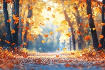 Golden autumn leaves falling on a path in a forest.
