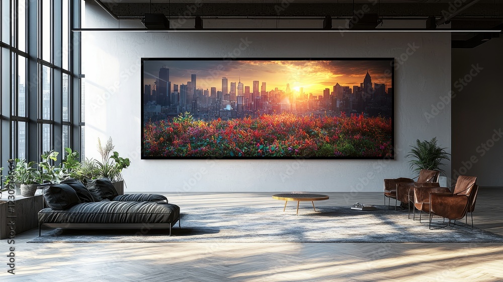 Poster an empty black frame mockup in horizontal orientation, hanging on the wall of a large modern loft ap