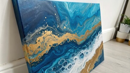 intricate textures created using a combination of blue and gold pigments in an acrylic pour painting, blue, color depth, gold, pigment mix