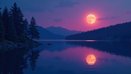 Serene lake at dusk with full moon rising above the trees, serene, evening, reflection