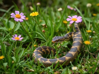 Obraz premium Snake slithers through grass and flowers, blooming, winding