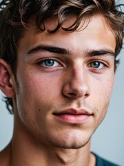 Fototapeta premium A close-up portrait of a young man with curly hair and blue eyes and looking directly at the viewer