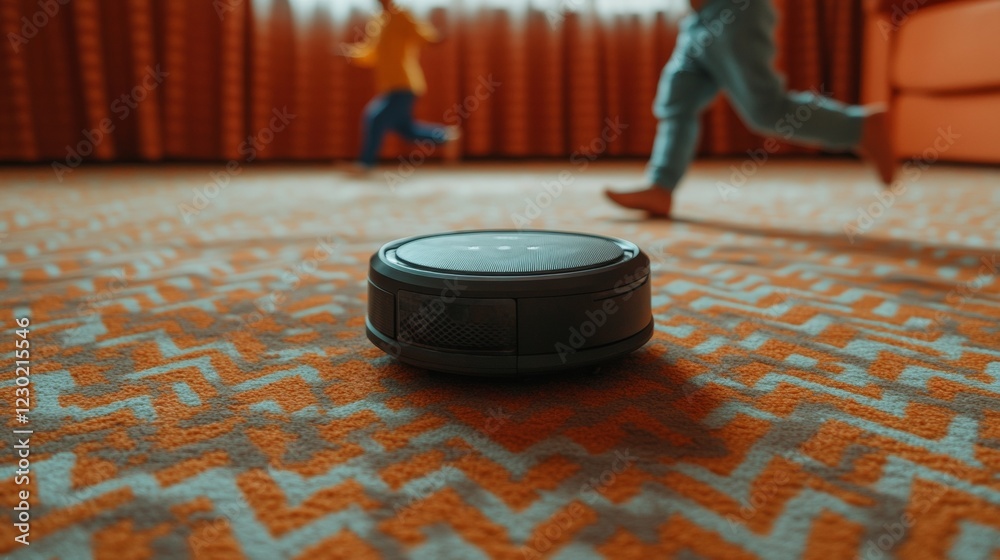 Aufkleber futuristic home service robot innovative low-angle shot of a smart vacuum on patterned carpet - fami