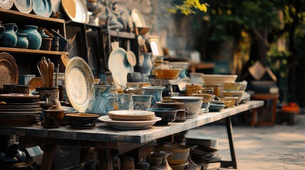 Outdoor flea market table with assorted second-hand items such as ceramic plates, antique vases, and tools.