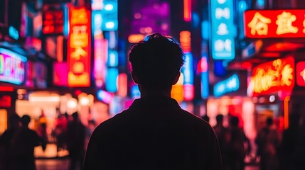 A Solitary Figure Stands Amidst Vibrant Neon Lights in a Bustling Cityscape, Evoking a Sense of Wonder and Exploration in an Urban Environment