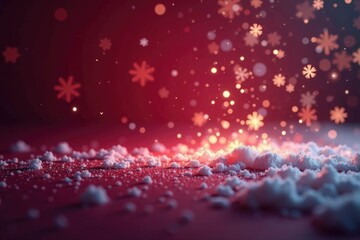 Sparkling glowing snowflakes fall on a dark red surface, sparkle, winter