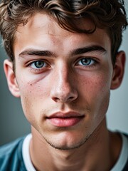 Obraz premium A close-up portrait of a young man with curly hair and blue eyes and looking directly at the viewer