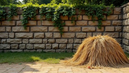 Stack of straw beside an ancient stone wall with overgrown vegetation, natural, brick wall, straw