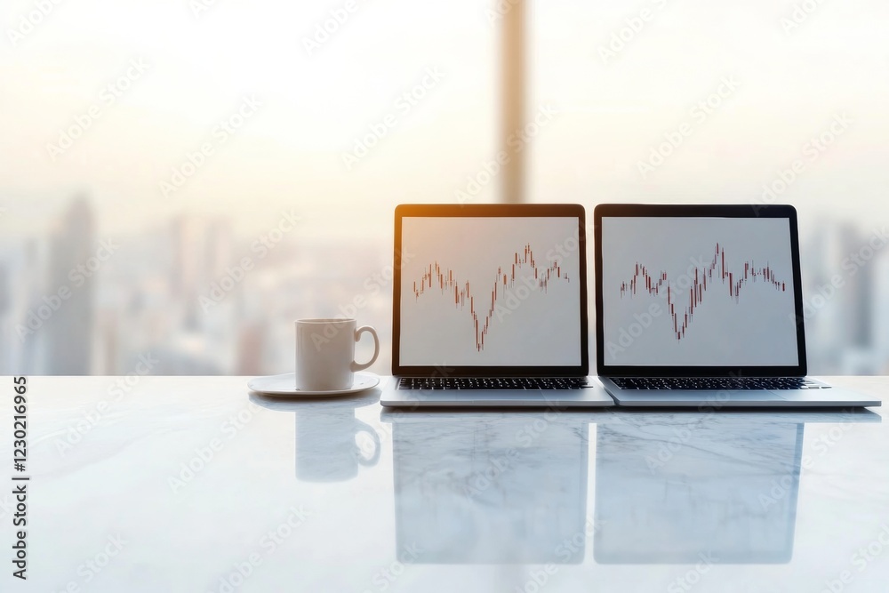 Poster Minimalist Office Tech Dual Laptops on Glass Desk with Stock Charts - Modern Business Innovation and Digital Strategy for Cutting-Edge Corporate Spaces