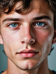 Fototapeta premium A close-up portrait of a young man with curly hair and blue eyes and looking directly at the viewer
