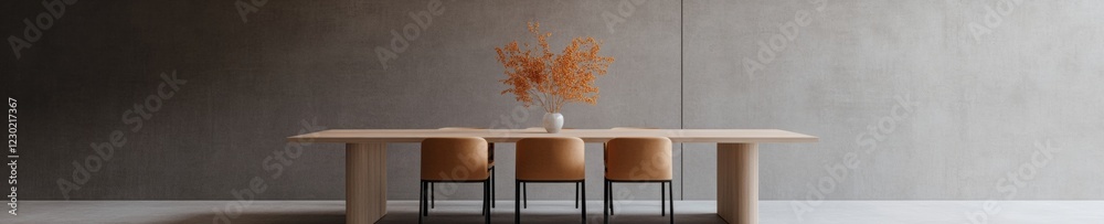 Poster minimalist executive workspace oak meeting table with dried floral decor - agile team standup design