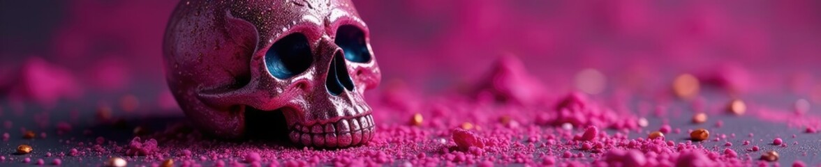 Sugar skull covered in pink paint and glitter, holiday decor, glitter sugar skull, dia de los muertos decorations