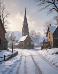 Snowy village scene with a church steeple in the background, cozy atmosphere, snow-covered roofs