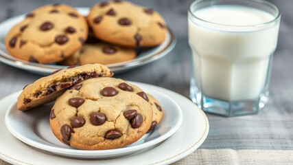 Soft and Chewy Chocolate Chip Cookies on a Plate with Cold Glass of Milk, classic cookie arrangement, dessert plate