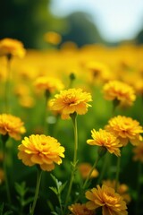 Obraz premium Sunny fields of bright yellow marigold flowers swaying in the breeze, bloom, petals, nature