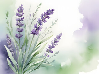 Naklejka premium Lavender in soft purple tones on a delicate watercolor background with copy space 