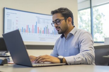 Minimalist Data Insight Hub Young South Asian Entrepreneur with Laptop and Whiteboard Graphs - Innovative Business Strategy and Digital Marketing Enhancement