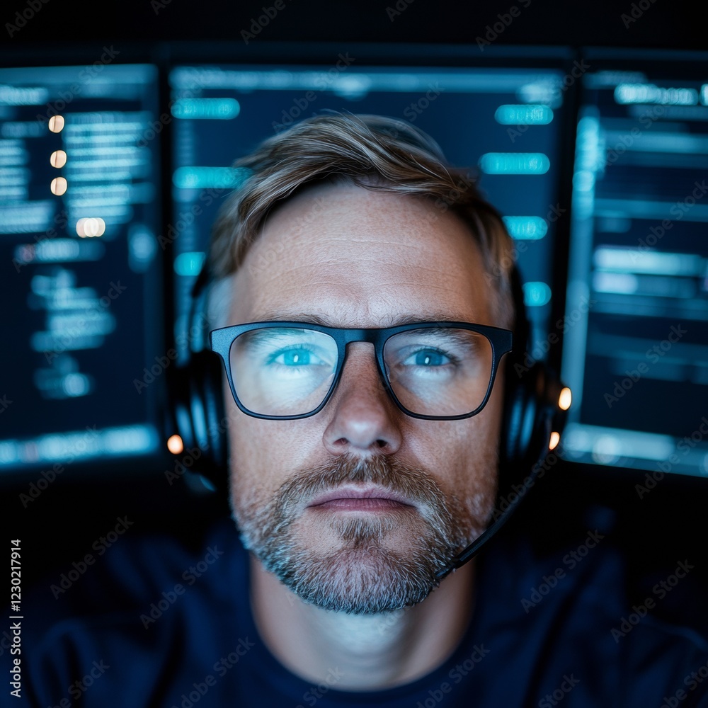 Fototapete Contemporary Tech Design Male Operator with Headset and Monitors in Sleek Workspace - Efficient Communication Hub for Emergency Response and Coordination Technology