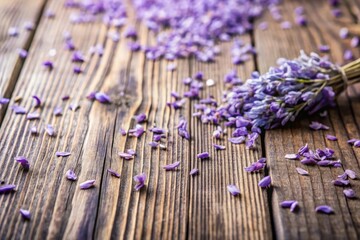 Naklejka premium Soft lavender petals scattered on a wooden table, utensils, organic, still life