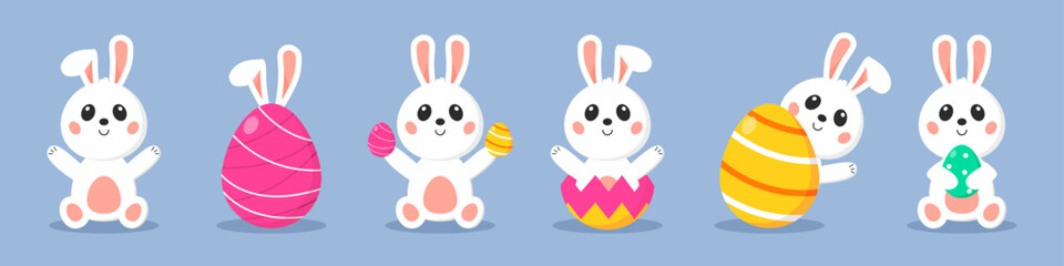 Set of Easter bunnies. Cartoon bunnies with Easter eggs. Vector